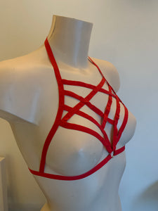 Sexy Red Elasticated Body Harness- Bralet.